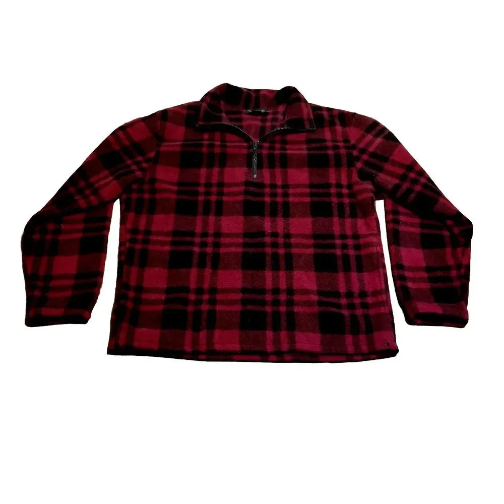 J Crew Fleece Men Size Small Red Black Plaid 1/4 Zip Vintage Jacket Made in USA